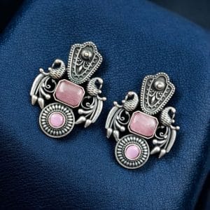 Silver Replica Monalisa Stone Earrings – Beautiful Brass Peacock Stud Design - color: "Babypink"