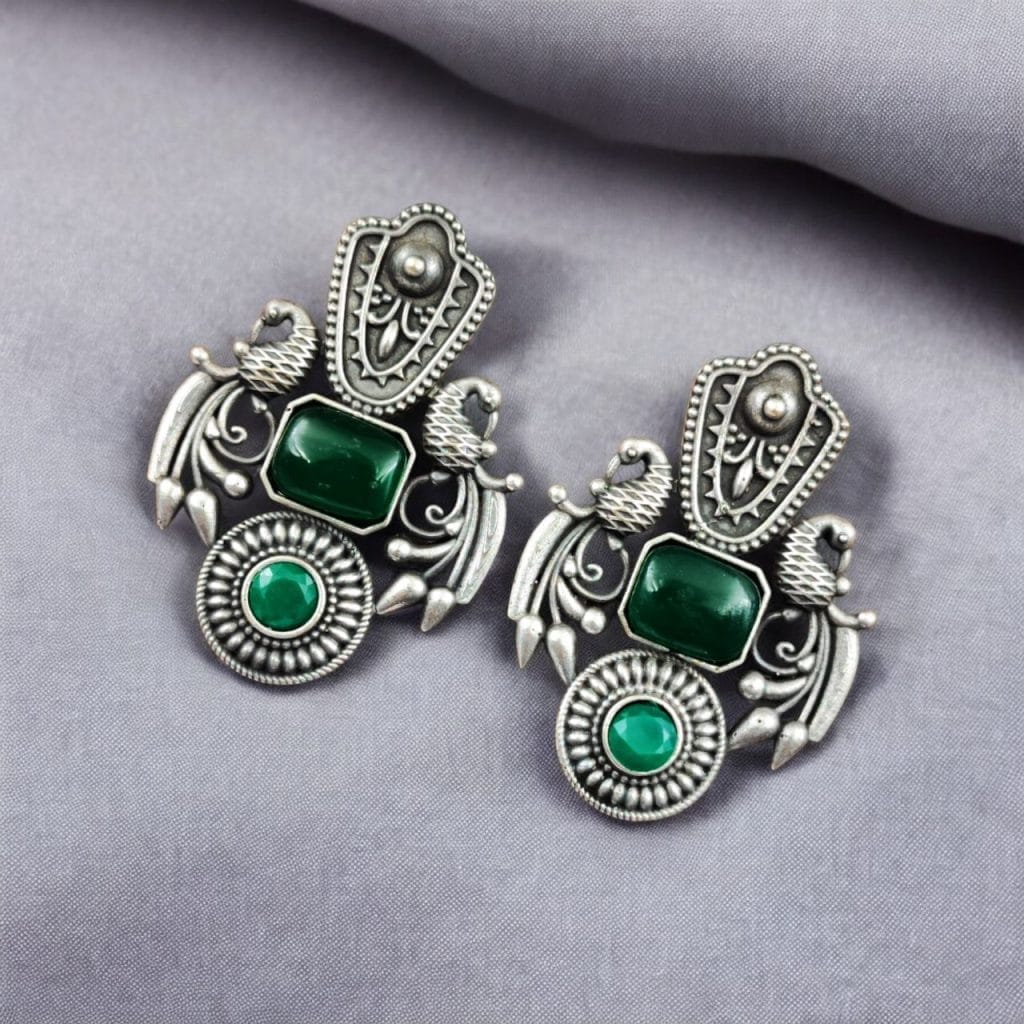 Bulk 714 Silver Replica Monalisa Stone Earrings – Beautiful Brass Peacock Stud Design - "Green"