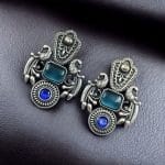 Silver Replica Monalisa Stone Earrings – Beautiful Brass Peacock Stud Design - "Blue"