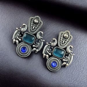 Silver Replica Monalisa Stone Earrings – Beautiful Brass Peacock Stud Design - color: "Blue"