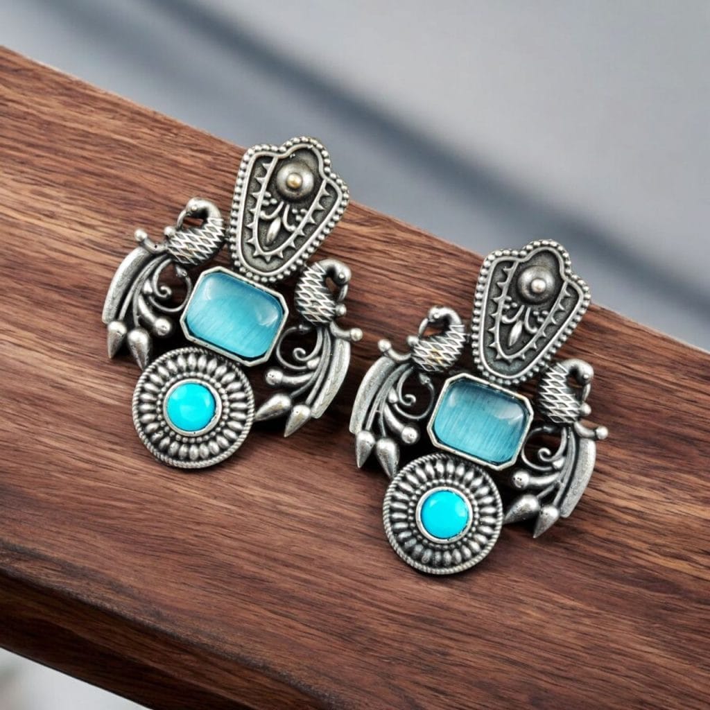 Bulk 712 Silver Replica Monalisa Stone Earrings – Beautiful Brass Peacock Stud Design - "Aqua"