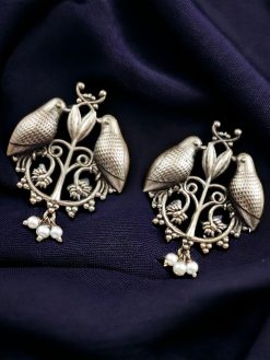 Antique-style silver replica bird stud earrings in brass with intricate vintage design, perfect for traditional and modern outfits