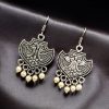 Peacock-themed silver-plated hook earrings with intricate feather design, perfect for adding elegance to any outfit.