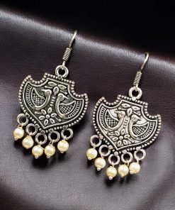 Peacock-themed silver-plated hook earrings with intricate feather design, perfect for adding elegance to any outfit.