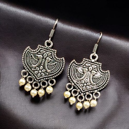 Peacock-themed silver-plated hook earrings with intricate feather design, perfect for adding elegance to any outfit.