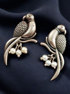 Elegant parrot design brass earrings featuring intricate craftsmanship, lightweight structure, and a timeless charm, perfect for festive and casual occasions.