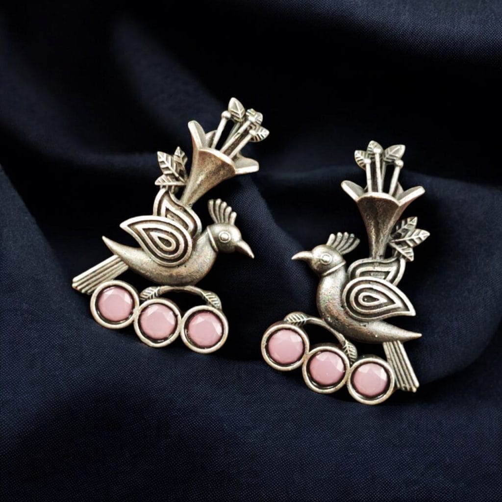 Bulk 682 Elegant-Bird-Design-Brass-Stud-Earrings-with-Perfect-Stone-Details - "Babypink"
