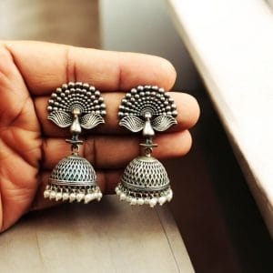Best Peacock Design jhumka-stud-earrings featuring intricate peacock motifs and a traditional jhumka style, crafted from premium brass for a beautiful and elegant look.
