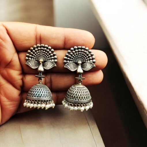 Best Peacock Design jhumka-stud-earrings featuring intricate peacock motifs and a traditional jhumka style, crafted from premium brass for a beautiful and elegant look.