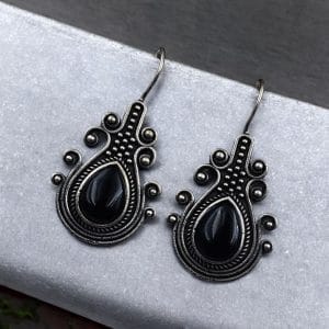Iconic Look Silver Replica Monalisa Stone Hook Earrings- Best For Girls - Color: "Black"