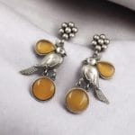 Perfect Monalisa Stone Flower Stud Earrings with Bird Motif in Brass - "Yellow"