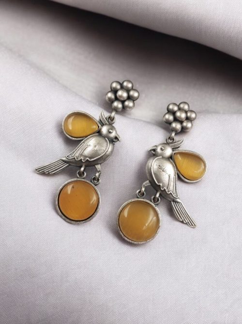 Perfect Monalisa Stone Flower Stud Earrings with Bird Motif in Brass featuring elegant floral design and nature-inspired accents