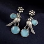 Perfect Monalisa Stone Flower Stud Earrings with Bird Motif in Brass - "Aqua"