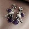 Perfect Monalisa Stone Flower Stud Earrings with Bird Motif in Brass featuring elegant floral design and nature-inspired accents