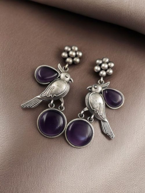 Perfect Monalisa Stone Flower Stud Earrings with Bird Motif in Brass featuring elegant floral design and nature-inspired accents