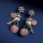 Perfect Monalisa Stone Flower Stud Earrings with Bird Motif in Brass - "Babypink"