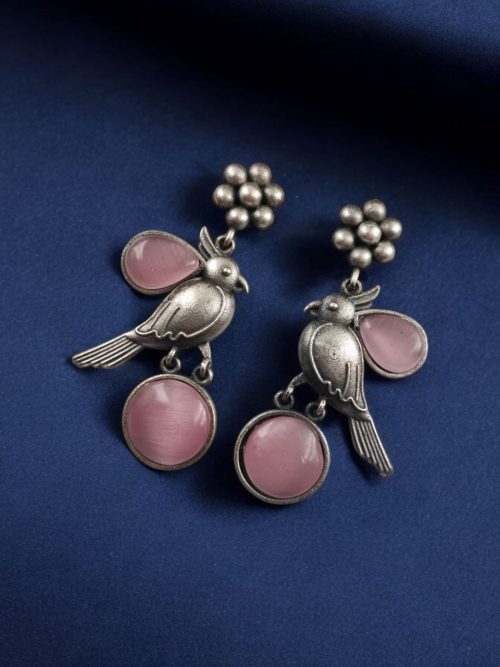 Perfect Monalisa Stone Flower Stud Earrings with Bird Motif in Brass featuring elegant floral design and nature-inspired accents