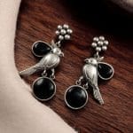 Perfect Monalisa Stone Flower Stud Earrings with Bird Motif in Brass - "Black"