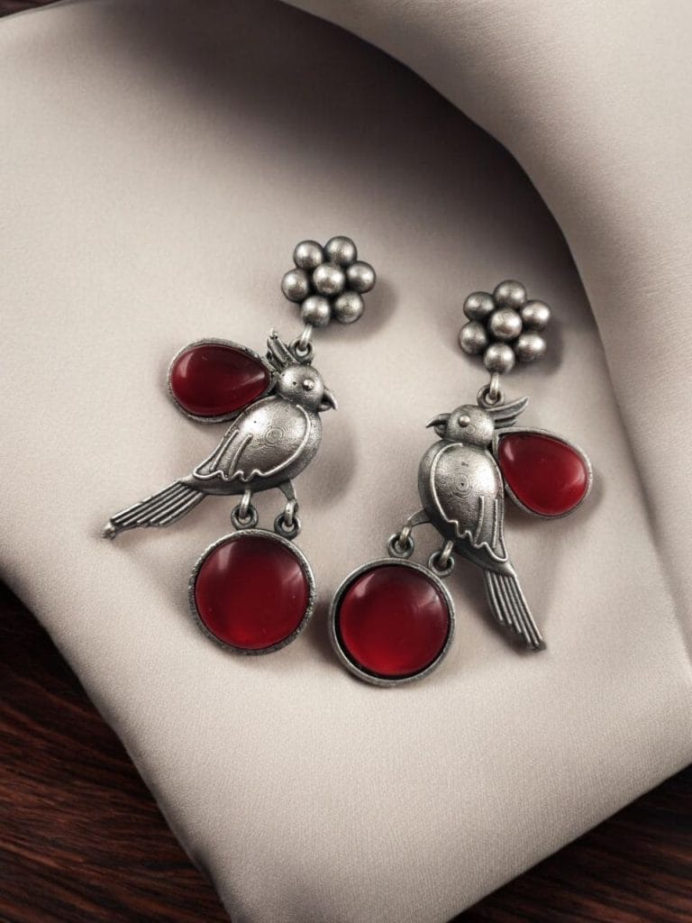 Perfect Monalisa Stone Flower Stud Earrings with Bird Motif in Brass