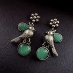 Perfect Monalisa Stone Flower Stud Earrings with Bird Motif in Brass - "Mint"