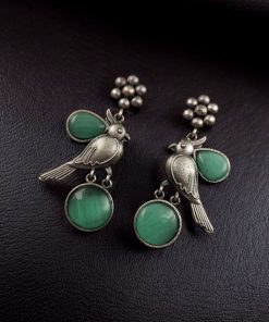 Perfect Monalisa Stone Flower Stud Earrings with Bird Motif in Brass featuring elegant floral design and nature-inspired accents