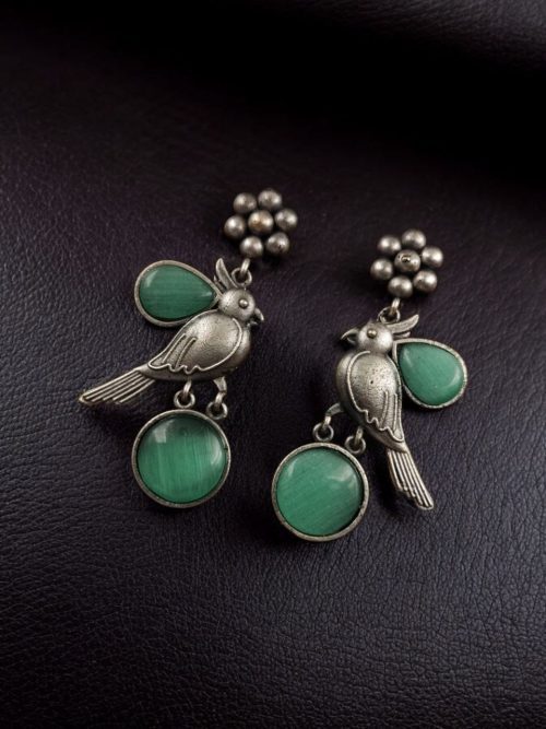Perfect Monalisa Stone Flower Stud Earrings with Bird Motif in Brass featuring elegant floral design and nature-inspired accents