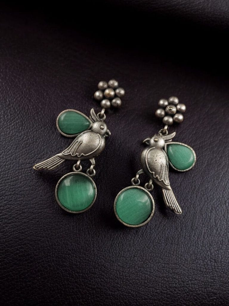 Bulk 608 Perfect Monalisa Stone Flower Stud Earrings with Bird Motif in Brass - "Mint"
