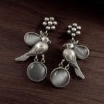 Perfect Monalisa Stone Flower Stud Earrings with Bird Motif in Brass - "Grey"