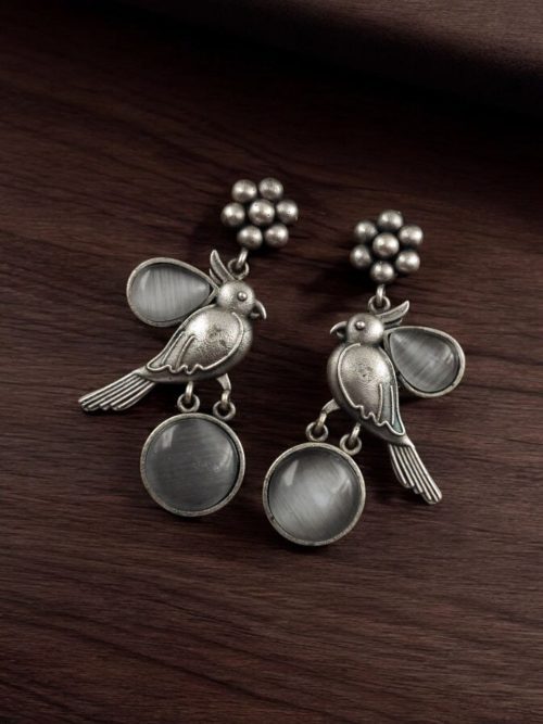 Perfect Monalisa Stone Flower Stud Earrings with Bird Motif in Brass featuring elegant floral design and nature-inspired accents
