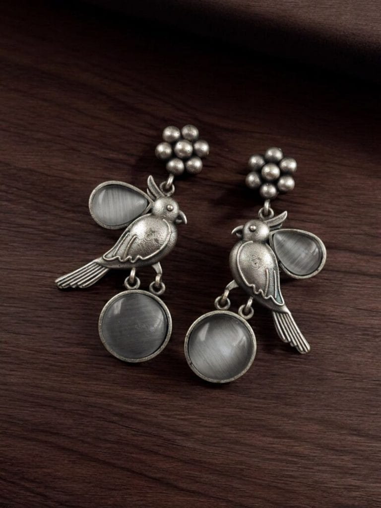 Bulk 610 Perfect Monalisa Stone Flower Stud Earrings with Bird Motif in Brass - "Grey"