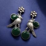 Perfect Monalisa Stone Flower Stud Earrings with Bird Motif in Brass - "Green"