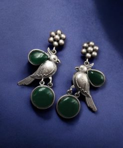 Perfect Monalisa Stone Flower Stud Earrings with Bird Motif in Brass featuring elegant floral design and nature-inspired accents