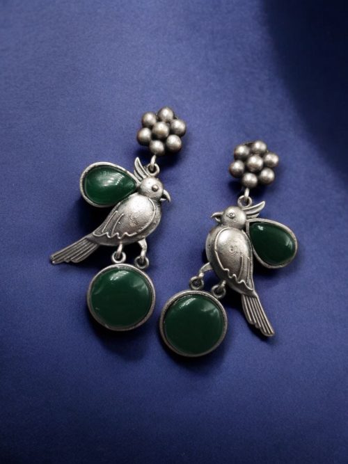 Perfect Monalisa Stone Flower Stud Earrings with Bird Motif in Brass featuring elegant floral design and nature-inspired accents