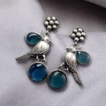 Perfect Monalisa Stone Flower Stud Earrings with Bird Motif in Brass - "Blue"