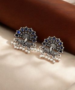 Elegant German silver peacock stud earrings with intricate stone work, perfect for every occasion.