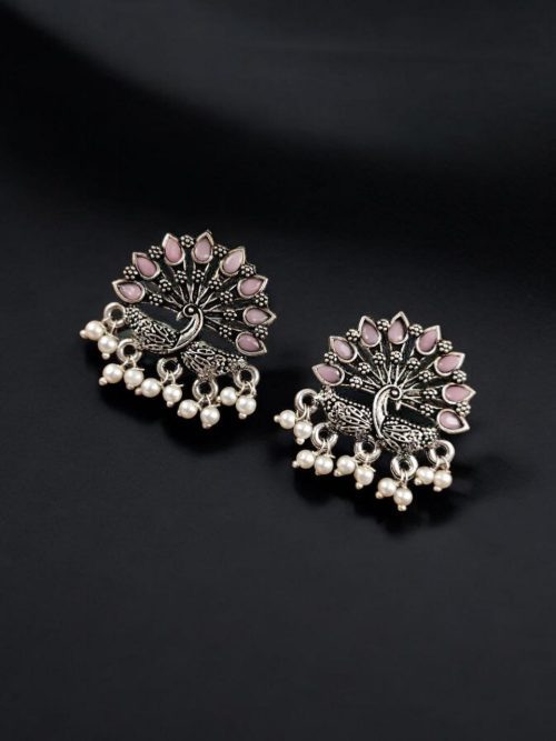 Elegant German silver peacock stud earrings with intricate stone work, perfect for every occasion.