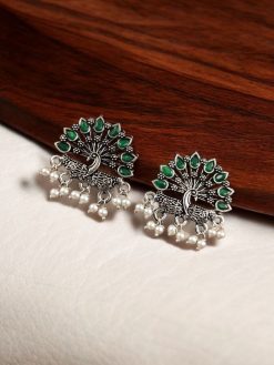 Elegant German silver peacock stud earrings with intricate stone work, perfect for every occasion.