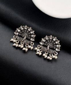 Elegant German silver peacock stud earrings with intricate stone work, perfect for every occasion.