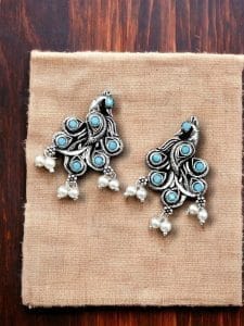 Brass Peacock Stone Stud – Perfect for Every Occasion - color: "Aqua"