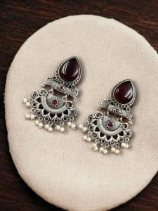 Elegant Brass Studs Earring with Beautiful Stone Detailing – Best for Women - color: "Red"