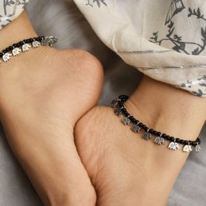 Silver Elephant Charm Anklets with Black Beads | Handcrafted Affordable Stylish Payal