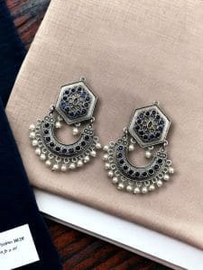 Brass Stone Stud Earrings: The Perfect Choice for Ethnic Occasions - color: "Blue"