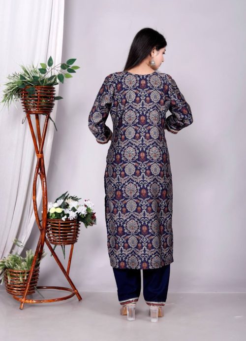 Designer Vartican Fabric Kurti Pant Set with Embroidered Chiffon Dupatta (Pack Of 4)