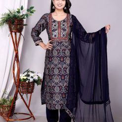 Designer Vartican Fabric Kurti Pant Set with Embroidered Chiffon Dupatta (Pack Of 4)