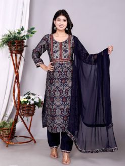 Designer Vartican Fabric Kurti Pant Set with Embroidered Chiffon Dupatta (Pack Of 4)