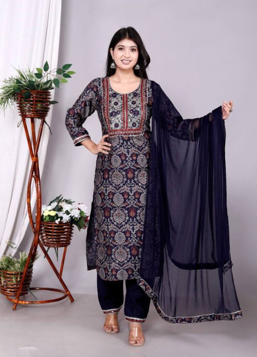 Designer Vartican Fabric Kurti Pant Set with Embroidered Chiffon Dupatta (Pack Of 4)
