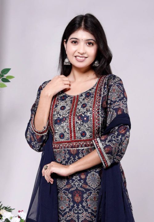 Designer Vartican Fabric Kurti Pant Set with Embroidered Chiffon Dupatta (Pack Of 4)