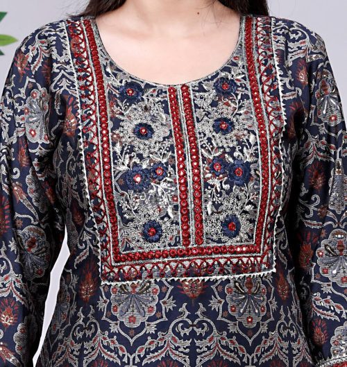 Designer Vartican Fabric Kurti Pant Set with Embroidered Chiffon Dupatta (Pack Of 4)