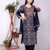 Designer Vartican Fabric Kurti Pant Set with Embroidered Chiffon Dupatta (Pack Of 4)