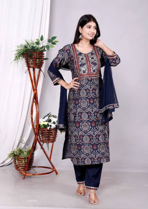 Designer Vartican Fabric Kurti Pant Set with Embroidered Chiffon Dupatta (Pack Of 4)